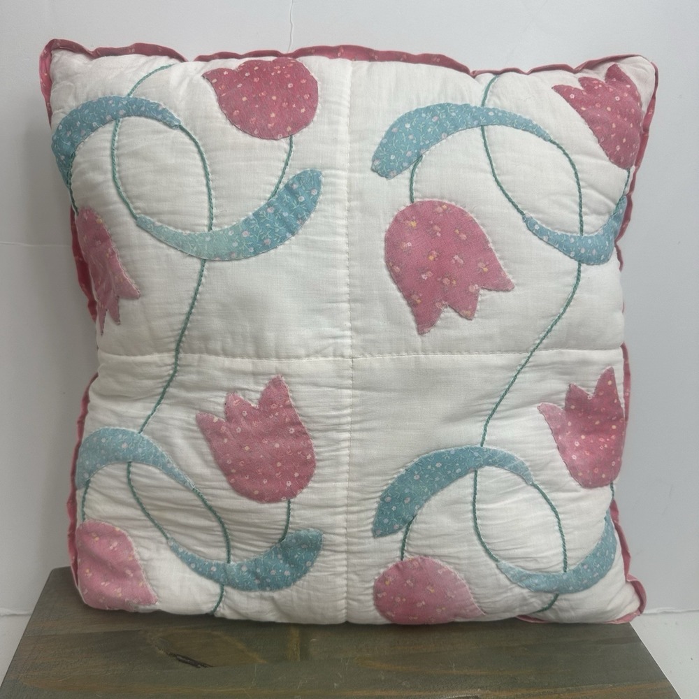 Vintage Tulip Quilt Block Handmade Pillow Pink White Green 15x15x4"
